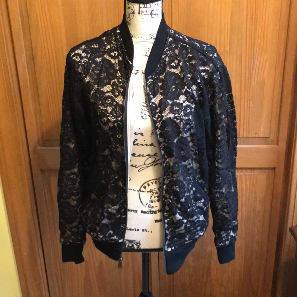 Lace overlay bomber sweatshirt. Express.
